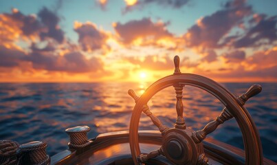 3D rendering, illustration of a ship steering wheel, commonly known as helm, at sunset, Generative AI