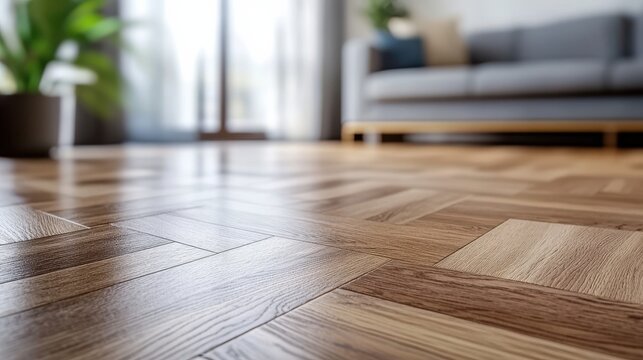 A cozy modern living room featuring beautiful wooden parquet flooring.