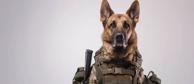 Military working dog in tactical gear, intense and focused, ready for duty