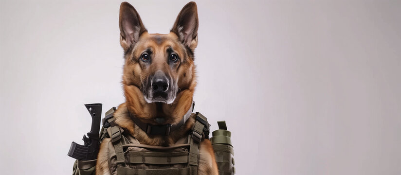 Military working dog in tactical gear, intense and focused, ready for duty