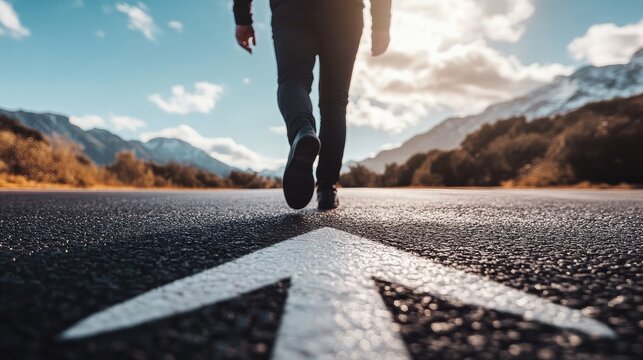 A businessman stepping forward on a sunny asphalt road with a white arrow sign, symbolizing leadership, business ambition, - Powered by Adobe