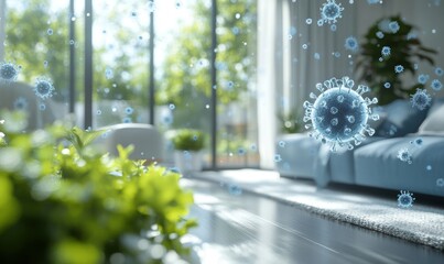 A 3D illustration showing the effect of cleaning on a blurry living room, with a protective shield against germs and viruses, emphasizing hygiene and, Generative AI