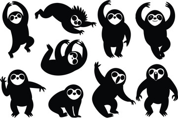 Cartoon vector black sloths silhouette clipart