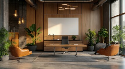 Blank white poster space in the modern office interior.