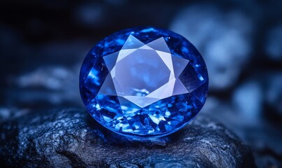 Natural blue sapphire on a blue black background, Generative AI