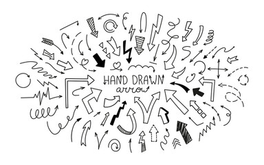 Hand drawn doodle curved arrows. Sketch line illustration set