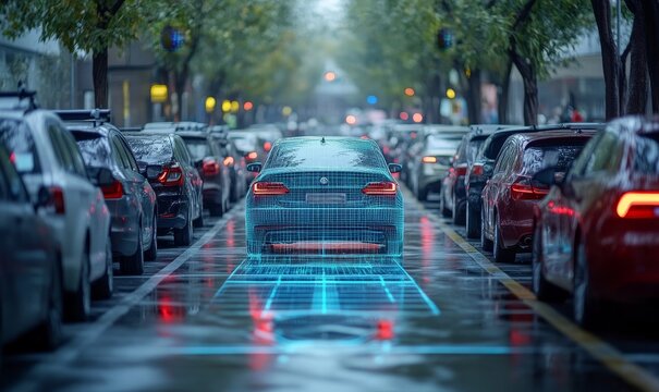 Smart LPR camera parking system solutions are visualized, showing automated number plate recognition for barrier-free parking lot management, Generative AI