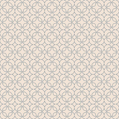 Fototapeta premium Subtle vector geometric seamless pattern in oriental style. Delicate blue and beige ornament. Abstract minimal linear background with floral shapes, leaves, diamonds. Simple luxury repeated design