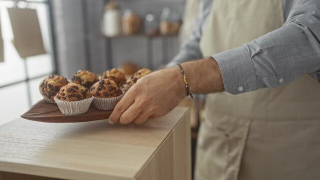 Hispanic man holding a wooden tray with freshly baked chocolate chip muffins in a cozy interior bakery shop setting.