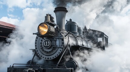A vintage steam locomotive billows smoke, showcasing industrial heritage and transportation.