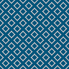 Abstract vector geometric seamless pattern. Texture with small diamond shapes, outline rhombuses, stars, grid. Dark blue and beige color. Simple minimal ornamental background. Repeating geo design