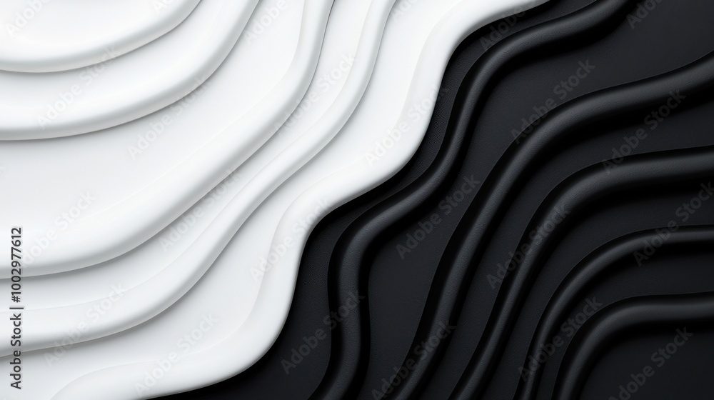 Poster abstract black and white wave patterns on a smooth surface, modern design element.
