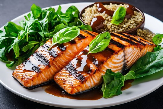 A plate of grilled salmon with a side of quinoa and leafy greens, showcasing a nutritious, protein-rich meal