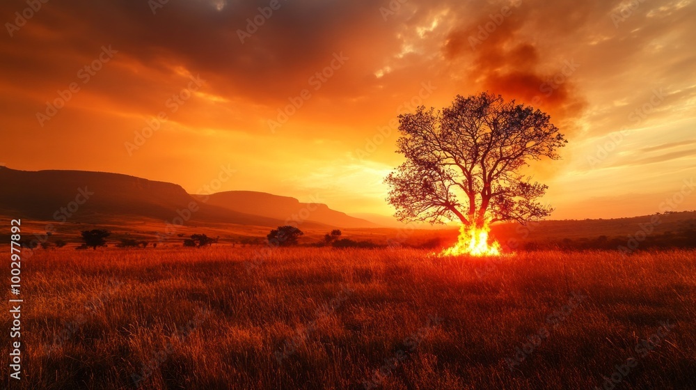 Poster a tree is surrounded by a field of dry grass and is on fire