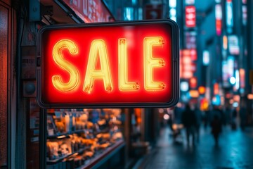 A bright red neon &ldquo;Sale&rdquo; sign glows in the foreground of a bustling city street at night.