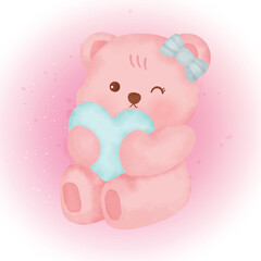 cute pink bear in watercolor style.