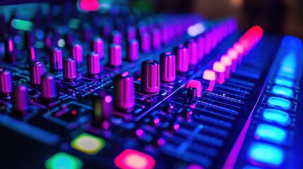 Close-up of a colorful audio mixing console with vibrant lights.