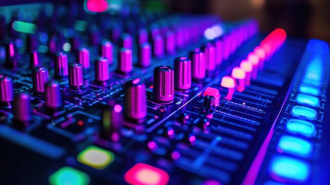 Close-up of a colorful audio mixing console with vibrant lights.