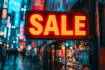 A bright red neon &ldquo;Sale&rdquo; sign glows in the foreground of a bustling city street at night.