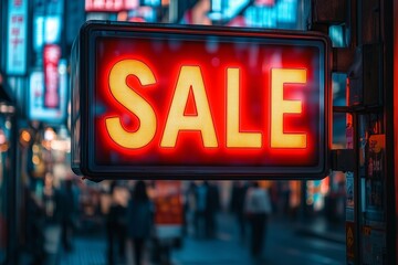 A bright red neon &ldquo;Sale&rdquo; sign glows in the foreground of a bustling city street at night.