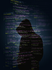 Naklejka premium Hacking concept: A silhouetted man in a hoodie overlayed with C++ code snippets.