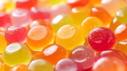 a close-up of a pile of small, round, colorful candies. They appear to be hard candies, with a shiny surface that reflects light. The candies are in various bright colors, including red, orange, yello