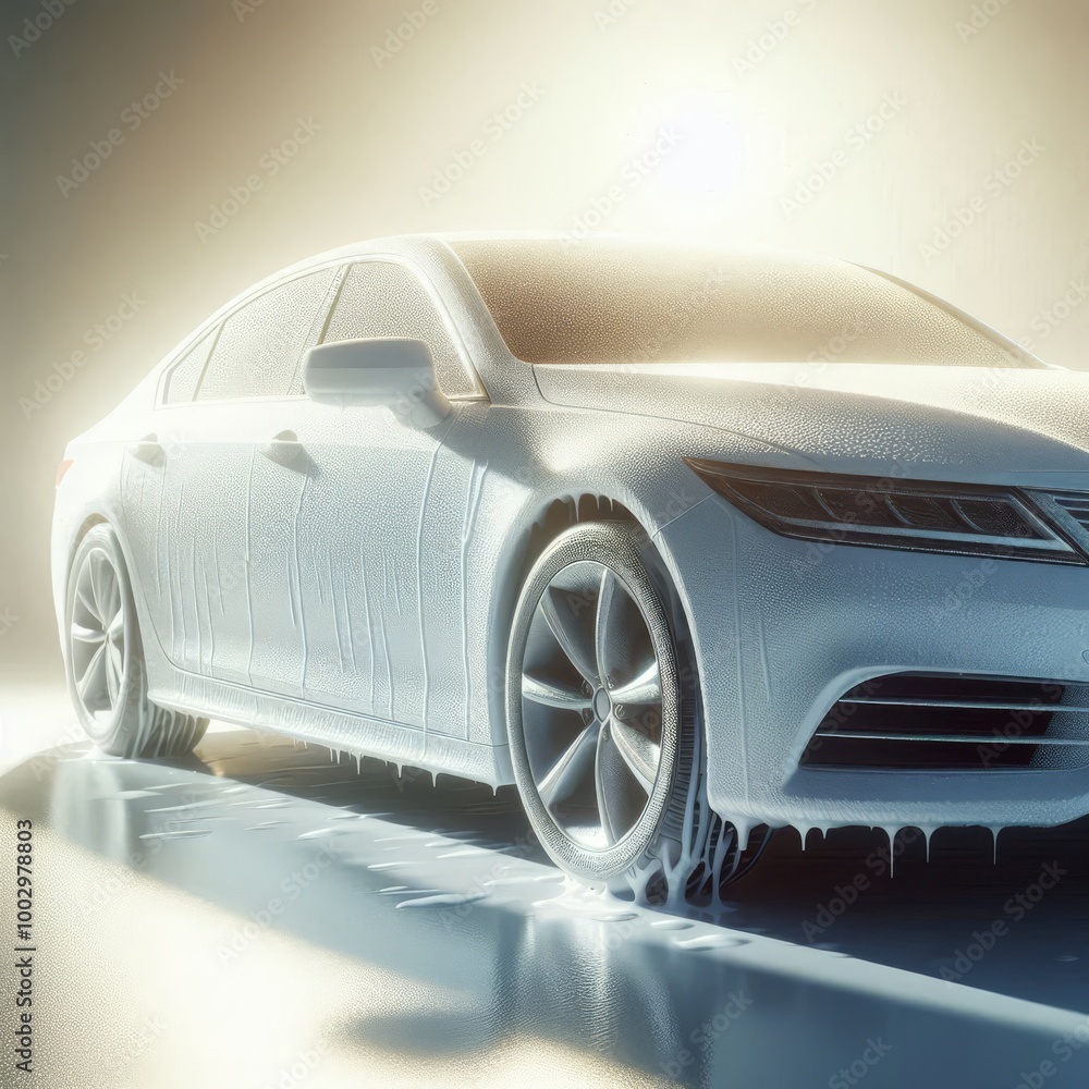 Poster a sleek car is covered in a thin layer of frost, illuminated by a strong backlight. the ice detail o