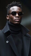 Obraz premium A man wearing a black coat and a black sweater with a black hat and sunglasses
