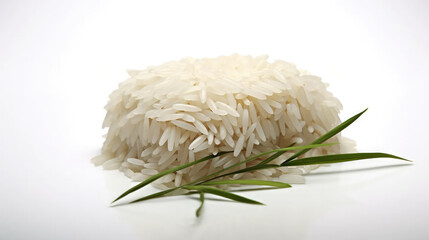 raw basmati rice on white background for cooking recipes, health food and banner backgrounds