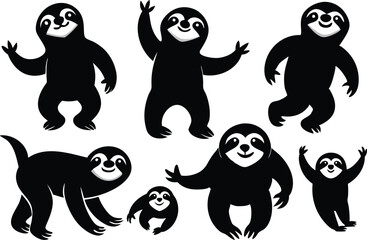 Cartoon vector black sloths silhouette clipart