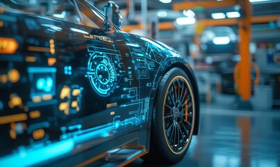 EV electric vehicle technology industry concept, futuristic virtual graphic touch user interface on screen with auto repair garage blurred on, Generative AI