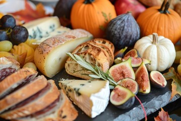 Thanksgiving Cheese Board with Artisanal Cheeses, Fresh Bread, and Seasonal Fruits for Fall Gatherings