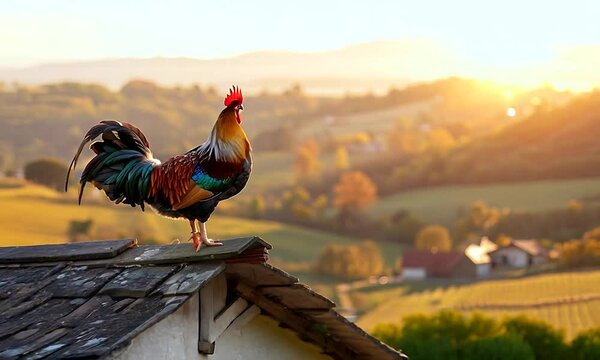 Vibrant image of a rooster crowing at dawn atop a roof, overlooking a serene rural landscape. AI