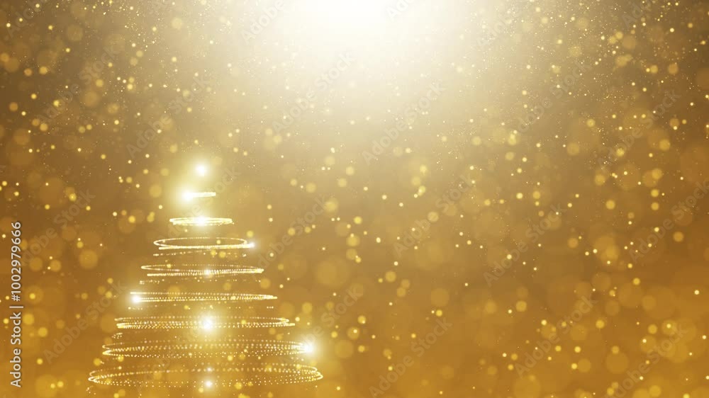 Poster animated golden christmas tree with falling glitter particles loop animation.