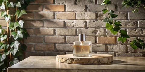 Sophisticated perfume bottle against a brick wall.