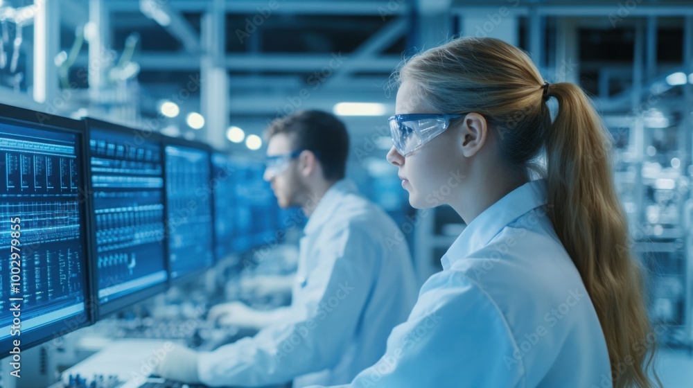 Poster engineers monitoring production in high-tech environment