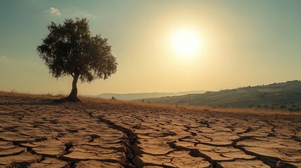 Drought Landscape with Solitary Tree Against Sunset