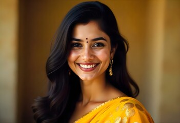 a lovely picture! A young woman with long, dark hair is smiling sweetly. She's wearing a beautiful yellow and gold sari, and looks so elegant! Her bindi is so cute! She's gorgeous!