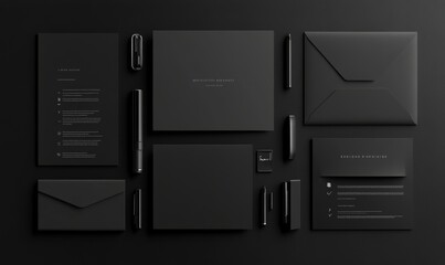 A black branding stationery mockup including letterhead, flyer, poster, business card, and envelope, all isolated on a black background for design, Generative AI