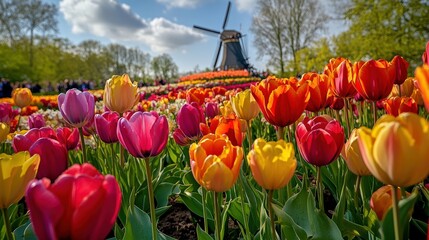 Colorful tulips in various shades blanket the ground at Keukenhof Gardens, with a classic windmill rising among lush greenery under a bright spring sky