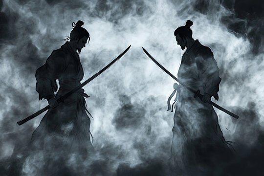 Two silhouetted warriors with swords in a misty atmosphere, suggesting conflict or duel.