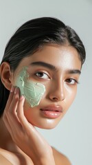 A south Asian woman close-up face is highlighted with a green mask applied on her cheek. The focus is on the makeup application. The neutral gray background provides a clean and simple composition.