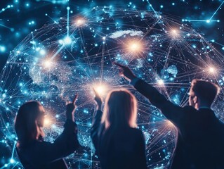Obraz premium Future of Global Business Networking: Stylish Professionals Uniting Around a Connected Globe - Perfect for a Dynamic Office Poster or Inspirational Wall Décor!