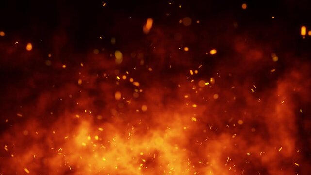 Artistic blurred fire flames with flying sparks animation. Seamless looping copy space background.