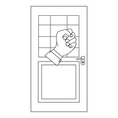 Person hand knocking on door illustration, coloring book in black and white. Please knock icon, Please knock the door