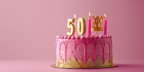 50th birthday cake in pink with a golden crown and pink candles.