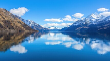 Serene mountain lake with blue sky and reflection of majestic peaks.