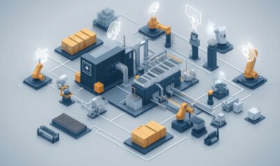 Obraz premium Industry 4.0 technology concept - Smart factory for fourth industrial revolution with icon graphic showing automation system by using robots and automated machinery controlled, Generative AI