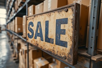 Fototapeta premium A close-up shot of a rustic, vintage-style “SALE” sign in a warehouse setting. The sign appears weathered and worn, adding character to the industrial environment.