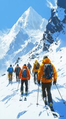 Skiers ascending a snow-covered mountain pass with a towering peak in the distance